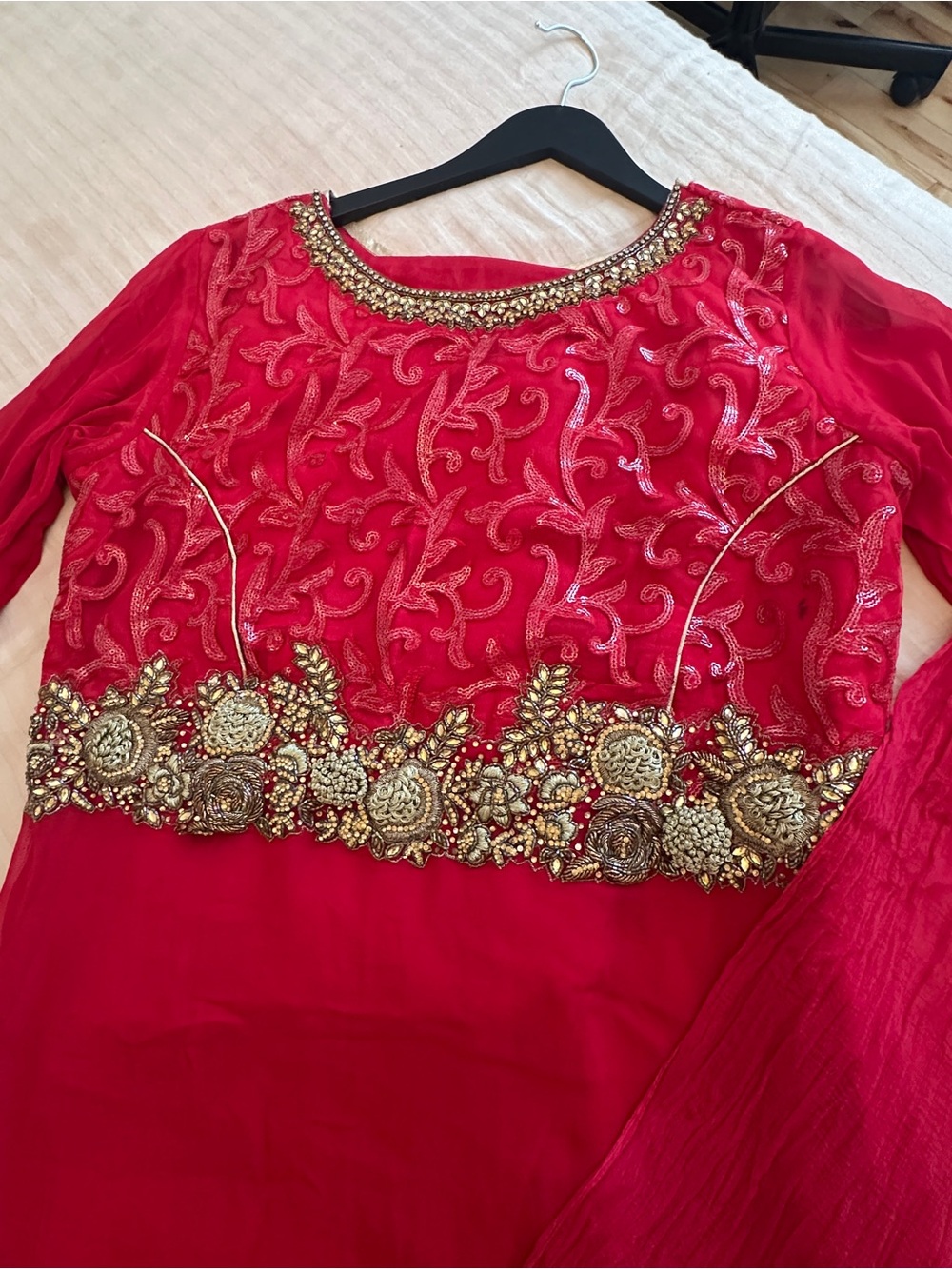 Women's Red Embellished Long Sleeve Top with Gold Beadwork